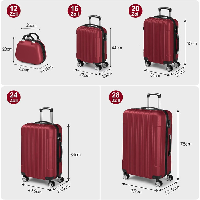 Набір валіз LALAHO 5 шт. з косметичками, з ABS пластику, для подорожей, ручна поклажа, турецький колір, в смужку