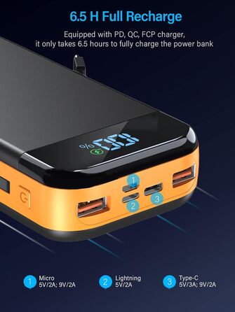 З кабелем, USB C 22.5W QC3.0 PD20W, швидка зарядка, LCD, 3 входи, 5 виходів, 27000mAh