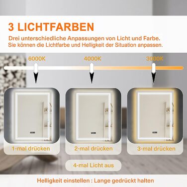 Дзеркало для ванної кімнати Puchika з підсвічуванням LED, 50x70 см, настінне, диммер, 3 кольори світла (3000-6400K), IP44, A+, сенсорне керування, антизапар