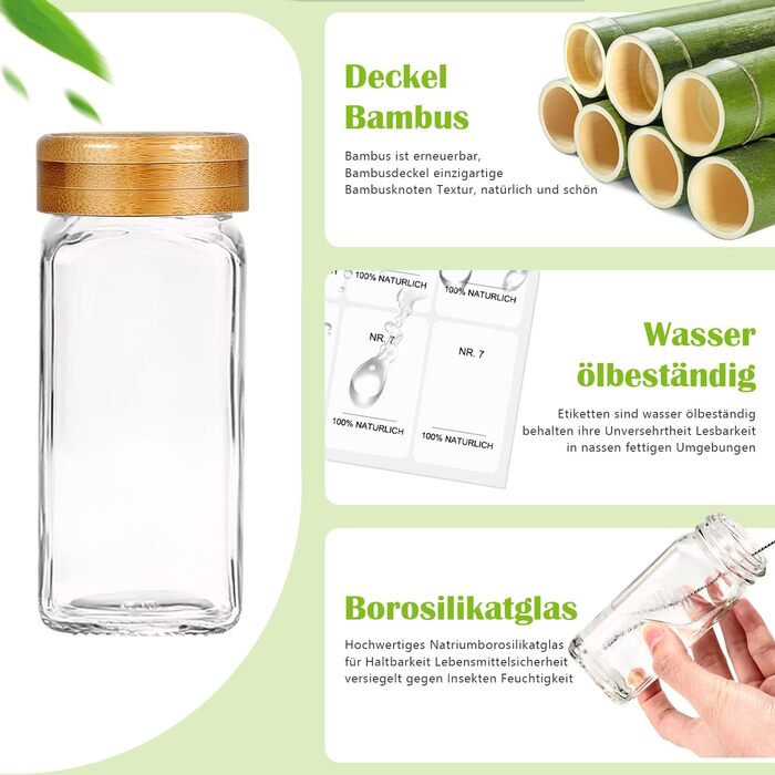 Набір бамбукових кришок для спецій | 12 скляних контейнерів для спецій з бамбуковими кришками | Організатор спецій для кухні | 120 мл