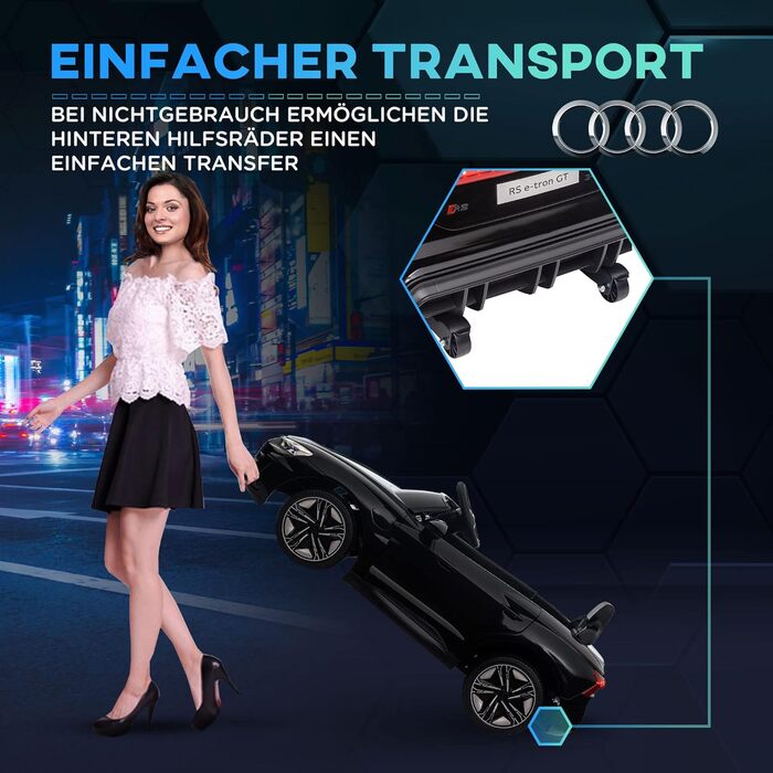Дитячий електромобіль HOMCOM Audi RS e-tron GT з пультом, ременем безпеки, звуком, музикою та фарами, чорний, для дітей 3-5 років, швидкість до 5 км/год