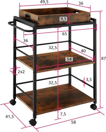 Візок для сервірування Tectake, 65x41.5x87 см, знімний піднос, 2 дерев'яні полиці, індустріальний стиль, чорний метал
