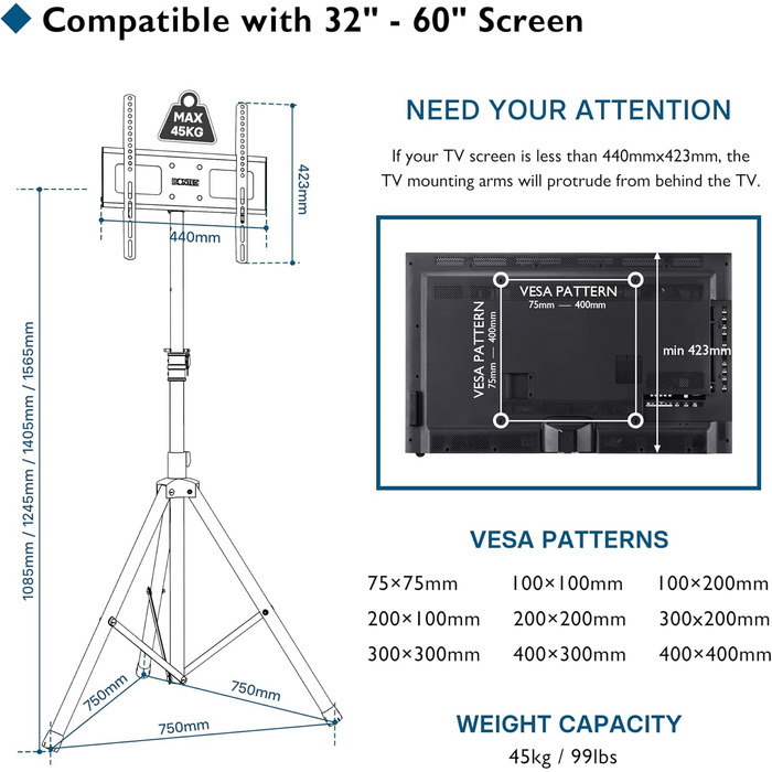 Підставка для телевізора BONTEC: поворотна, нахилена, регульована по висоті, для LCD, LED, OLED, Plasma, Curved телевізорів 32-60 дюймів, до 45 кг, VESA 400x400 мм