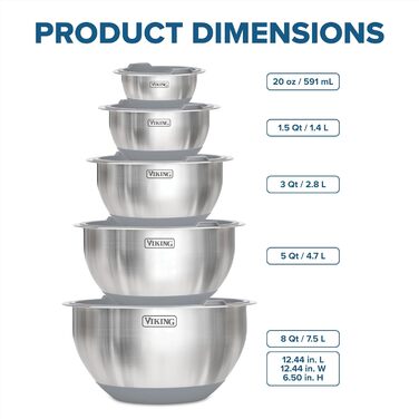 Набір місок для змішування Viking Culinary з нержавіючої сталі, 10 шт. | Силіконова неслизька основа | З герметичними кришками | Можна мити в посудомийній машині | Сірий колір