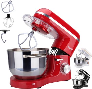 Кухонна машина Arebos 1500W з чашею 6L з нержавіючої сталі | Змішувач, гак для тіста, вінчик | Кришка від бризок | 6 швидкостей | Кухонний комбайн | Машина для тіста (червона)