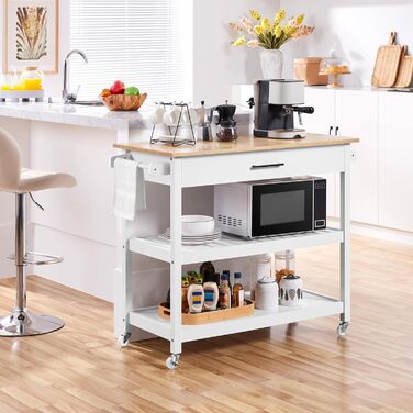 Сервісний візок Yaheetech з шухлядою, кухонний візок з 2 полицями, мобільний візок, кухонна вітрина, мобільний острівець, білий, 51 x 101,5 x 92 см