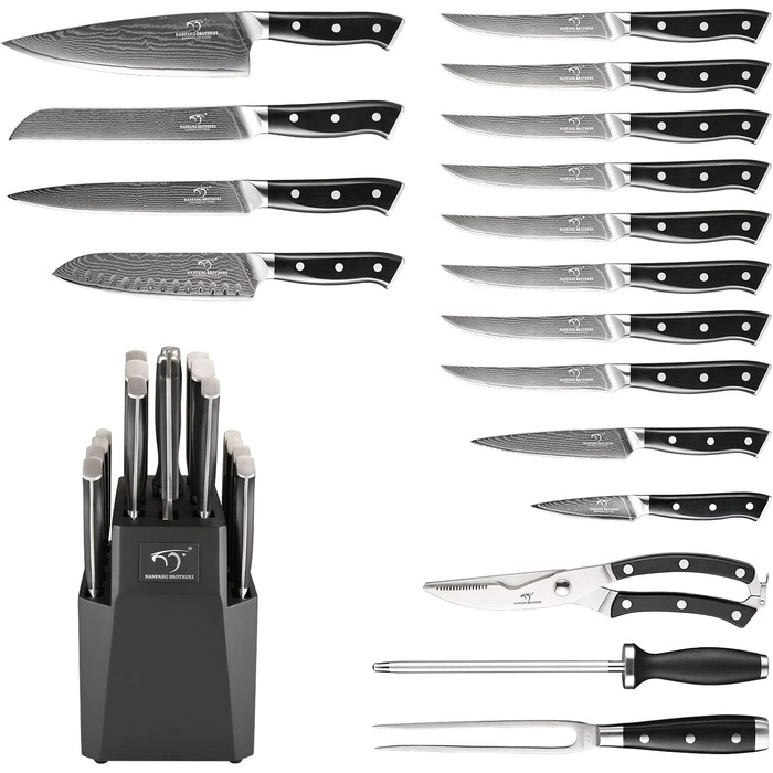 Набір професійних кухонних ножів NANFANG BROTHERS з дамаської сталі, 18 предметів, VG10, 67 шарів, японський кухонний набір, дерев'яний брусок, червоний, чорний