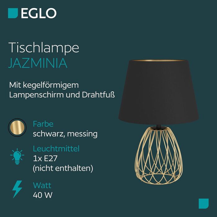 Торшер EGLO JAZMINIA – вінтажний торшер 45 см, чорний та латунь, тканинний абажур, ретро дизайн, метал, патрон E27, LED сумісний, вимикач на кабелі