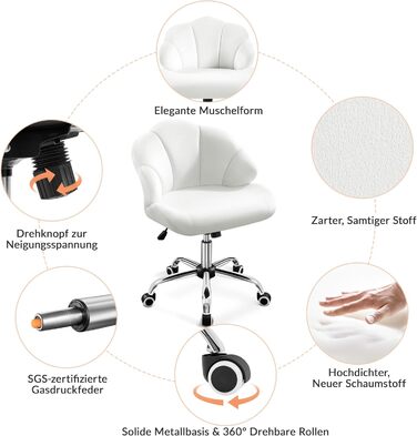 Крісло Yaheetech для дому та офісу: пуф для макіяжу, крісло з регулюванням висоти, обертове, біле, до 136 кг