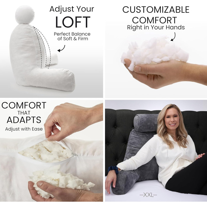 Подушка для чоловіків з підлокітниками - темно-сіра, преміум-якість, для читання та відпочинку в ліжку. Знімний валик для шиї, Memory Foam.