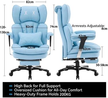 Ергономічне офісне крісло Efomao X-Stickerei для дому та офісу, шкіряне (PU), 200 кг, з підставкою для ніг та підтримкою попереку, чорне з блакитним
