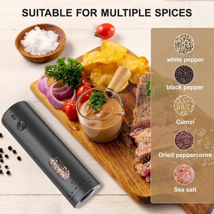 Електричний набір для солі та перцю з зарядною станцією, об'єм 110 мл, перезаряджувана соляна млинка з 5 рівнями, керамічна млинка з щіткою (1 шт, чорний)