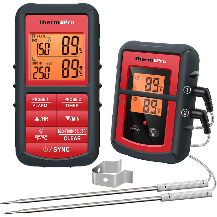 Набір термометрів для барбекю ThermoPro TP08, цифровий термометр для барбекю, термометр для барбекю з 2 датчиками температури для барбекю, духовки і гриля (червоний)
