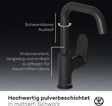 Змішувач для ванної кімнати KLUDI-X1 з висувною корковою пробкою, поворотний на 360°, висота виливу 205 мм, водозберігаючий, розмір L, з підключенням до шлангів (без зливної арматури, матовий чорний)