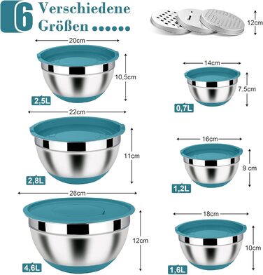 Набір місок Homikit з нержавіючої сталі, 6 шт. з тертками, кришками та силіконовим дном, 4.6L/2.8L/2.5L/1.6L/1.2L/0.7L, блакитний