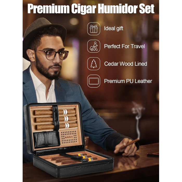 Вишуканий вологозбережувач для сигар Kalolary з різаком, портативний дорожній футляр для сигар з кедрової деревини, вміщує до 8 сигар, чудовий подарунок для чоловіків (Чорний)