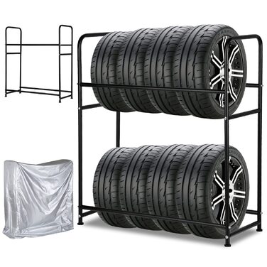 Стеляж для шин 107 x 46 x 117 см: міцна конструкція на 8 шин, регулювання висоти, вантажопідйомність 180 кг, з захисними чохлами, для гаража, підвалу, майстерні