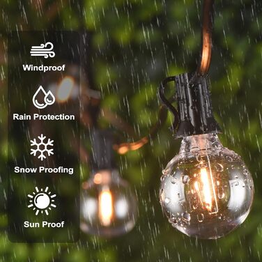 LED гірлянда на батарейках для зовнішнього використання, 10 метрів, 17+1 тепле світло G40, вологостійка IP45, для саду, балкону, тераси