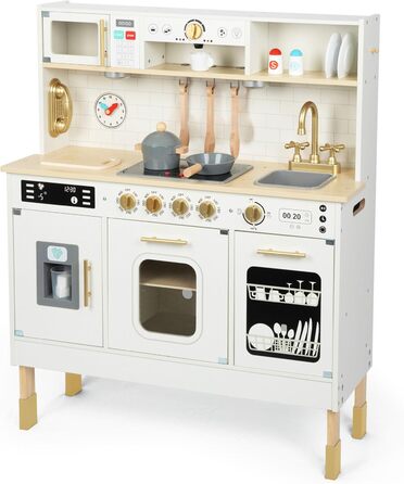 Дерев'яна дитяча кухня Mamabrum з LED-підсвічуванням - ігровий набір кухонь з регульованою висотою, з приготуванням кубиків льоду, мікрохвильовою піччю, плитою та посудомийною машиною. Іграшка для дітей від 3 років