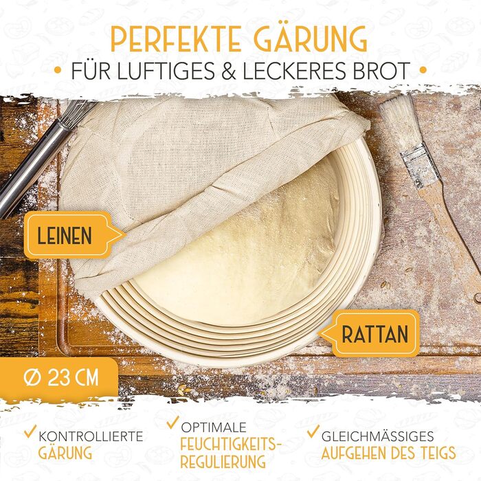 Набір для випічки хліба з закваскою Krustenzauber: 2 гнізда для бродіння, 600 мл закваски, аксесуари (гнізда з ротангу, гнітільне полотно, склянка для закваски, лопатка, ніж для хліба)