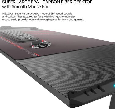 Ігровий стіл EUREKA ERGONOMIC з LED, 140x60 см. Стіл для геймерів з підсвіткою, органайзером для кабелів, тримачем для напоїв та навушників, чорний, X-Large