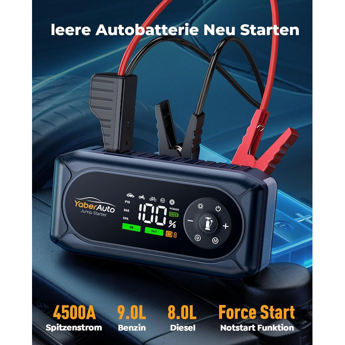 Powerbank для автомобіля YaberAuto AP02 з компресором, 150PSI, 4500A, LED ліхтар 500 люмен, LCD дисплей 3.3