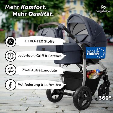 Дитяча коляска 3-в-1 Bergsteiger Capri з люлькою, автокріслом i-Size, повітряними колесами та амортизацією (синій/срібний)