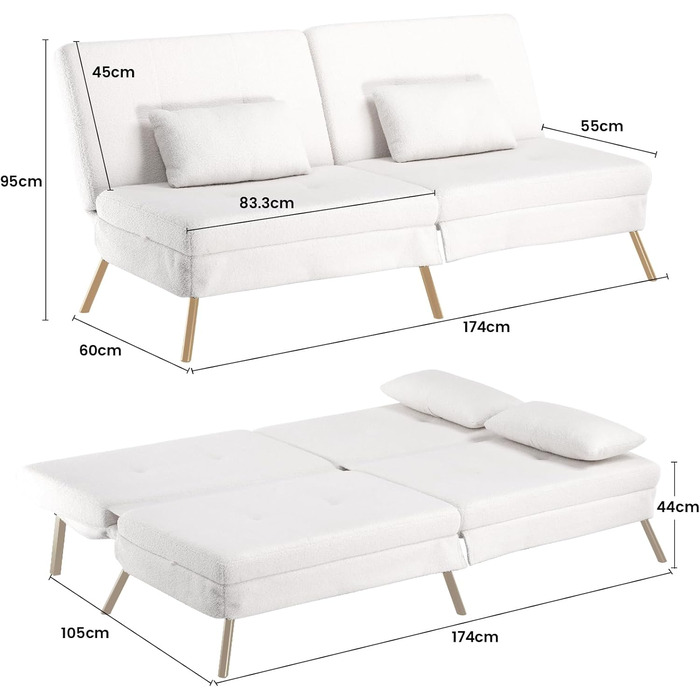 Диван-ліжко LUCKRACER 3-місний з функцією сну, обтягнутий штучним оксамитом (Teddy Velvet), білий. Ідеальний для вітальні та квартири.