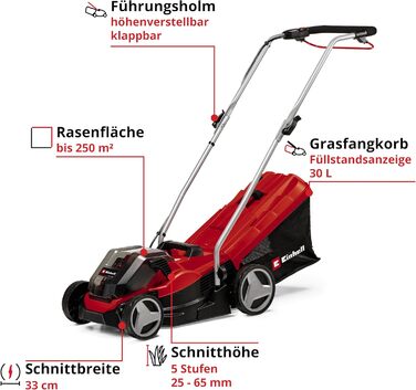 Акумуляторний газонокосарка Einhell GE-CM 36/33 Li Kit Power X-Change (36 В, ширина косіння 33 см, до 250 м², кошик 30 л, висота стрижки 25-65 мм, 2 x 2.5 Ah акумулятори + 2 зарядні пристрої)