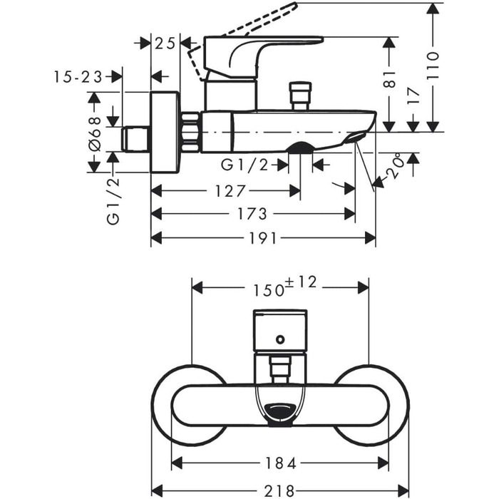 Змішувач для ванни Hansgrohe Rebris S, накладний, однолеверний, чорний мат, для 2 споживачів, довжина виливу 17,3 см, артикул 72859670