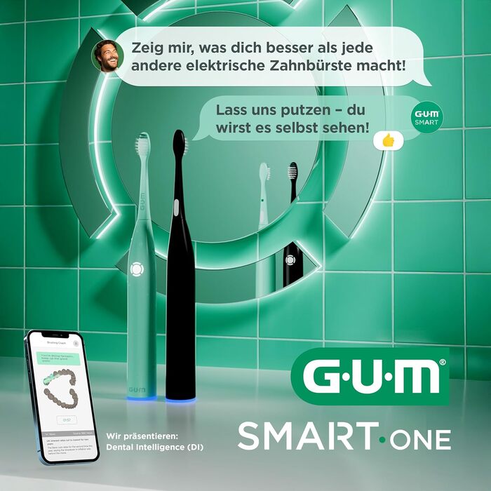 Електрична зубна щітка GUM SMART ONE з контролем швидкості, таймером, 4 режимами чищення, акумулятором до 6 тижнів та додатковими насадками (3 шт) м'ятно-зеленого кольору