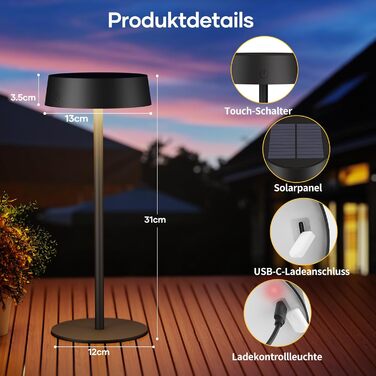 Сонярна LED лампа Suright настільна, акумуляторна, USB-C, 3 режими, регулювання яскравості, IP65, чорна