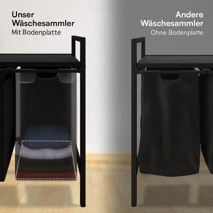 STEELSØN Rigil Кошик для білизни з 2 відділеннями та полицею з бамбука – 2 кошики по 45 л, чорний – металевий сортер для білизни з висувними мішками