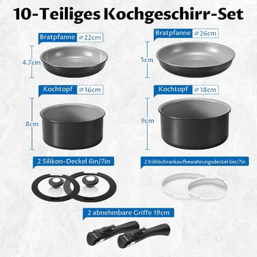 Набір каструль Bezia 10 предметів з знімним ручками, індукційне покриття, антипригарне, стакельне, сумісне з плитами, без PFAS/PFOA (сіро-чорний)