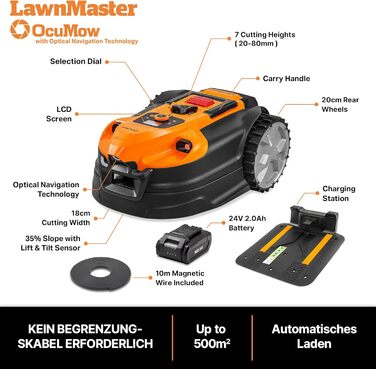 Газонокосарка-робот LawnMaster VBRM18AMIDR без обмежувального дроту для газонів до 500 м², акумулятор 2Ah, оптична навігація, уникнення перешкод, автоматична зарядна станція, функція заборонених зон, WiFi і Bluetooth керування через додаток