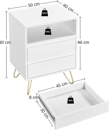 Тумбочка Yaheetech 2 шт. з 2 ящиками, металевими ніжками та відсіком для зберігання, 40x50x57 см, Біла