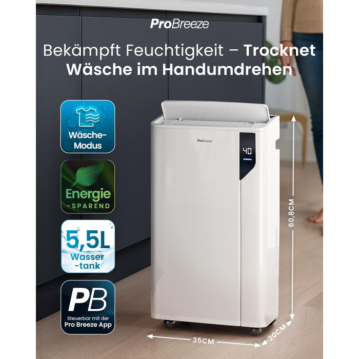 Електричний осушувач повітря Pro Breeze 20L - для приміщень до 35м², з функцією сушіння білизни, датчиком вологості, таймером та фільтром. Захист від плісняви. Керування через додаток.