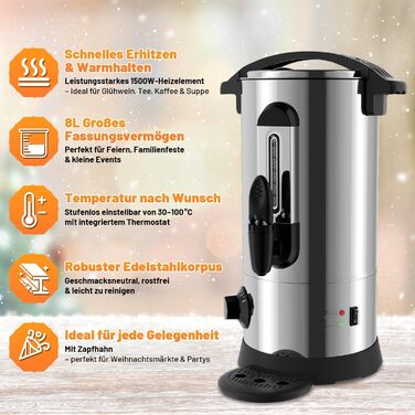 Глювайновий нагрівач з 10 чашками | 1500W нагрівач гарячих напоїв з нержавіючої сталі з термостатом 30–110°C, функцією підігріву та краном | Глювайновий автомат для вечірок (8л, срібний)
