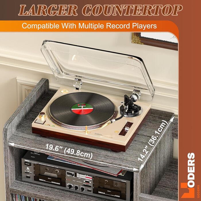 Стіл для програвача, стійка для вінілових пластинок середини століття з місцем для зберігання до 350+ альбомів, шафа для вінілу з регульованими полицями (Сірий)