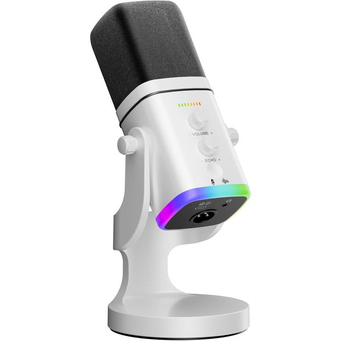 Мікрофон Facmogu для подкастів та стрімінгу, USB/XLR, з RGB-підсвічуванням та регулюванням гучності, білий