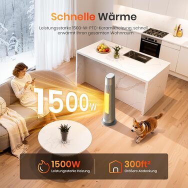 Електричний обігрівач з термостатом та ECO-режимом, 1500W, PTC керамічний, 4 режими, цифровий дисплей, таймер 12 годин, 35dB, срібний (74cm)