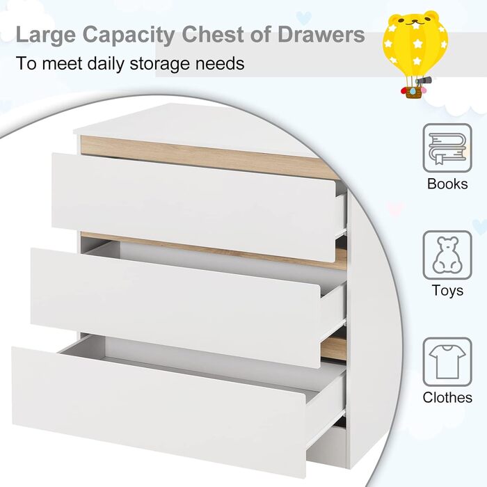Комод для переодягання з пеленальним столиком WOLTU, 3 шухляди, білий+дуб, захист від перекидання, 86 см