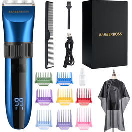 Акумуляторний тример для бороди та волосся BarberBoss, водонепроникний, з керамічними лезами, світлодіодним дисплеєм, швидкою зарядкою та 8 кольоровими насадками-гребінцями QR-2082
