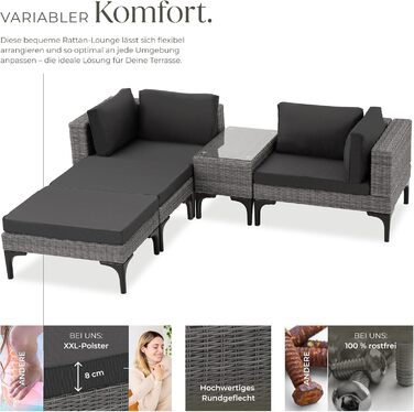 Тектейк® Садовий лаунж з ротангу, набір меблів для саду на 5 місць, модульний, з кутовим кріслом, пуфом, столиком, сірий, з подушками для сидіння та спинки