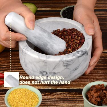 Набір ступки та пестика для гуакамоле, полірований натуральний мармур, великий, білий, сірий