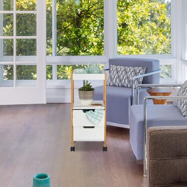 Столик-візок Relaxdays на колесах з шухлядами, білий (MDF, бамбук, 69x30x30 см)