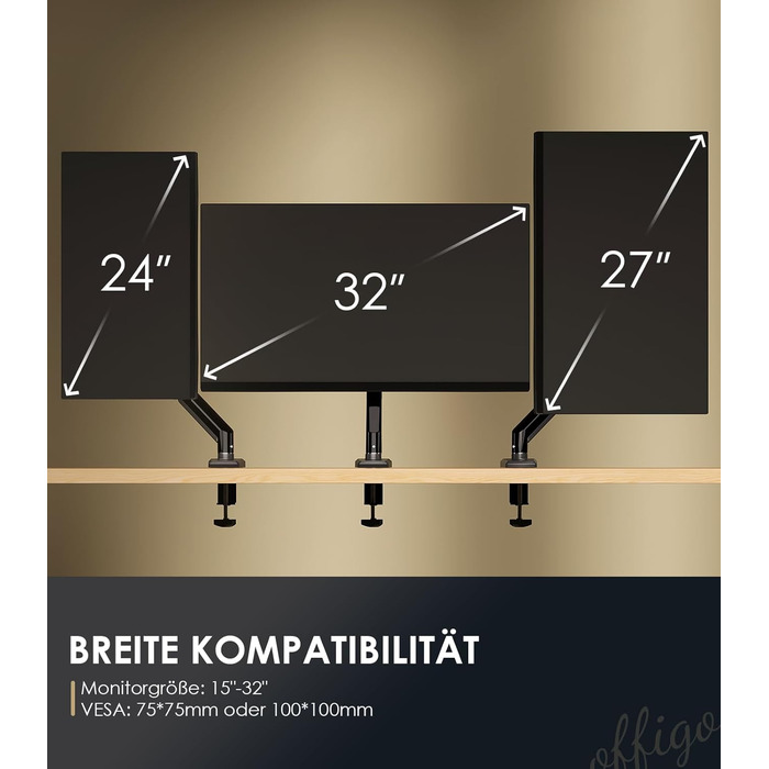 Кріплення для монітора OffiGo: підходить для моніторів 15-32 дюймів, вантажопідйомність до 9 кг, VESA 75/100 мм, чорний