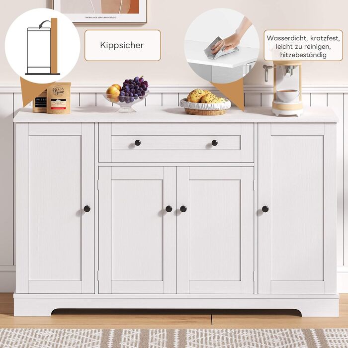 Багатофункціональний буфет-білизна для кухні, вітальні та спальні – 138 см, з шухлядою, полицями та регульованими полицями, з кріпленням від перекидання