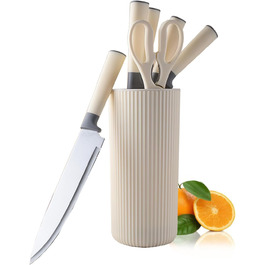 Набір кухонних ножів 7 предметів з бруском Messerblock, нержавіюча сталь, для кухні, подрібнення м'яса та овочів (Бежевий, Сірий)