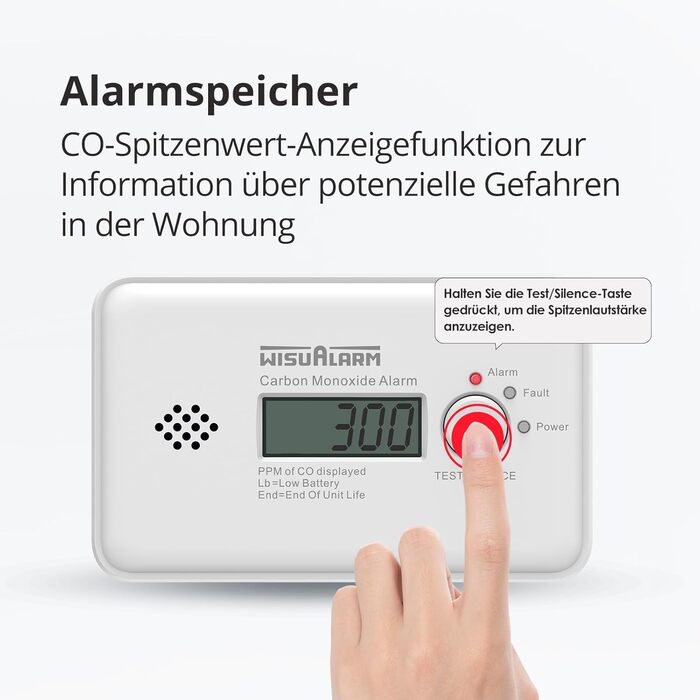 Детектор чадного газу з батареєю на 10 років, CO детектор, сертифікат TÜV, LCD дисплей, кнопка тестування/відключення, EN 50291 (автономний)